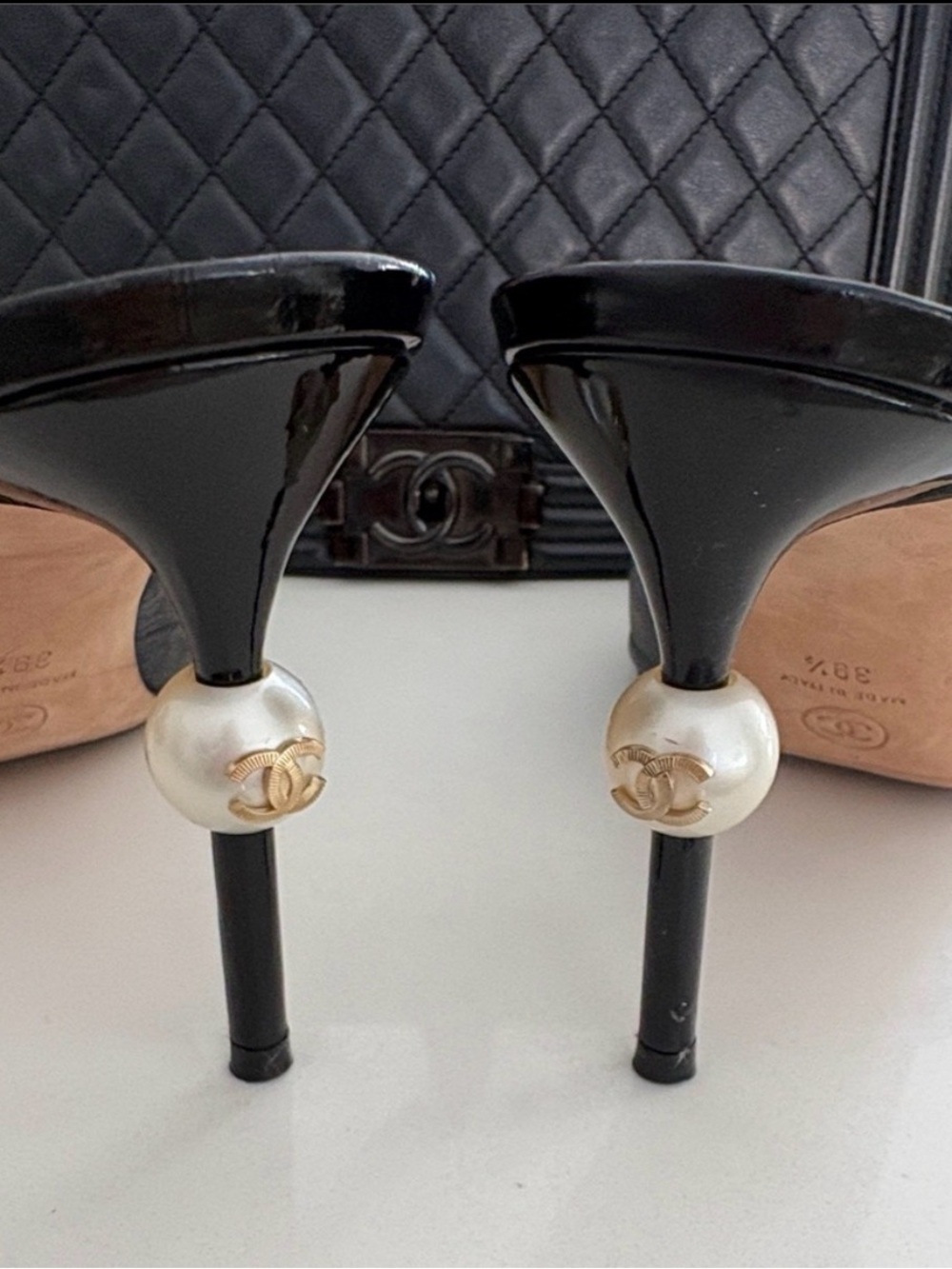 CHANEL Black Leather Pointed Toe Slide Mules with Patent Cap